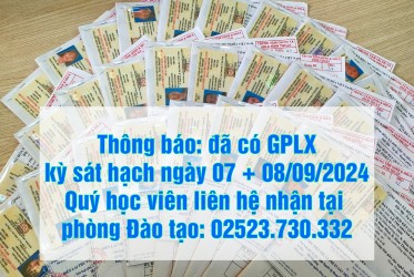 Thông báo: đã có GPLX kỳ sát hạch ngày 07 + 08/09/2024